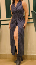 Midnight Pinstripe Slit Maxi Dress
