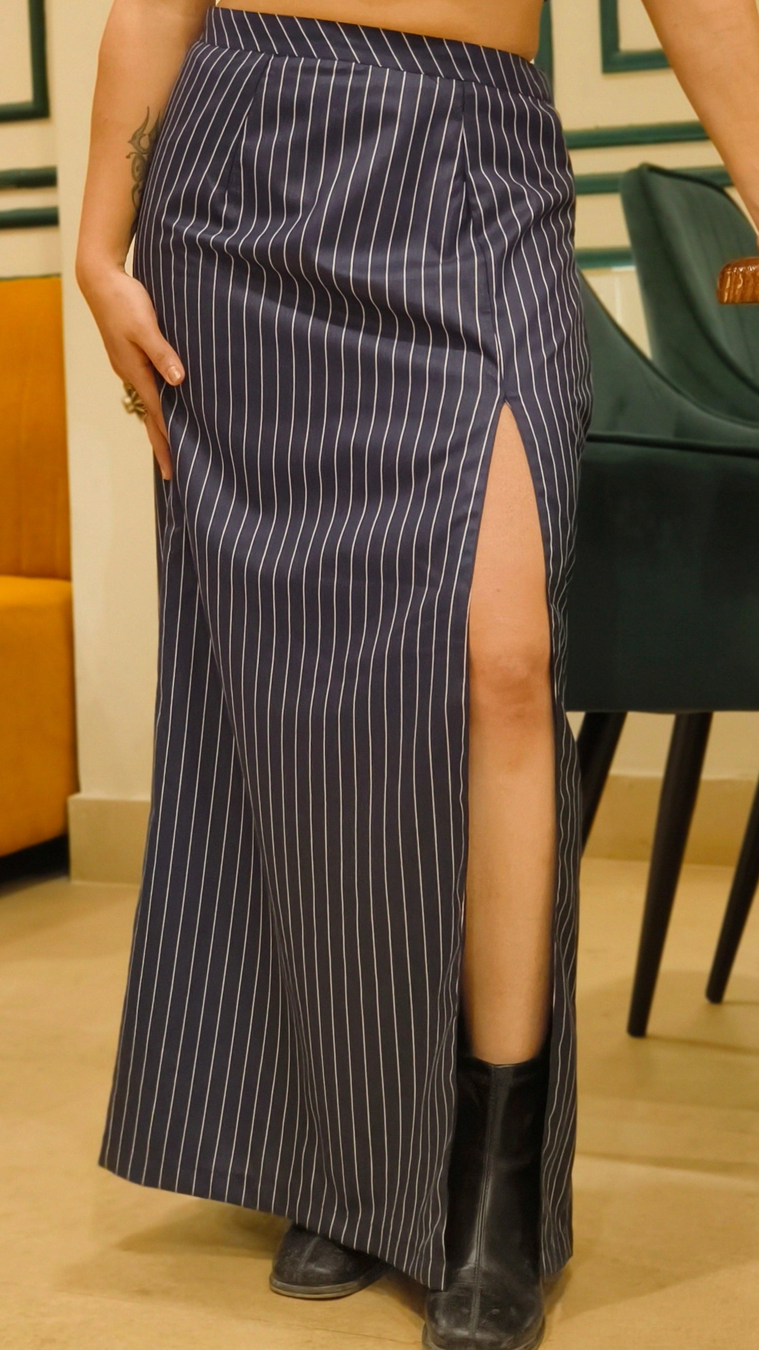 Midnight Pinstripe Slit Maxi Skirt