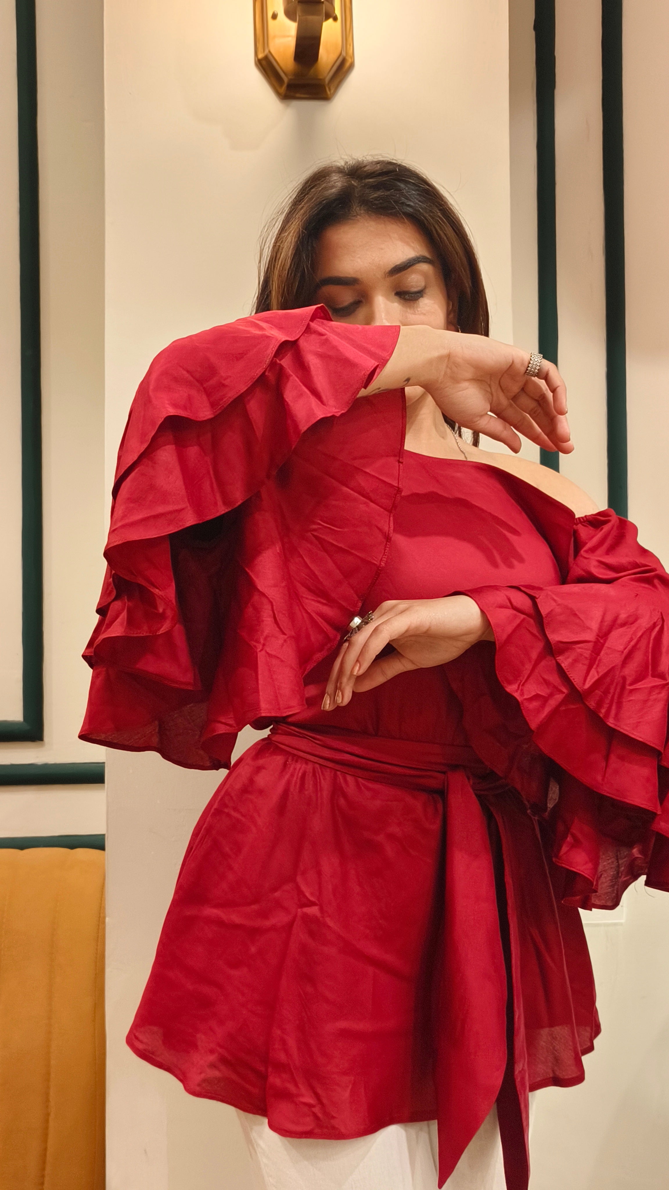 Scarlet Muse One-Shoulder Ruffle Top