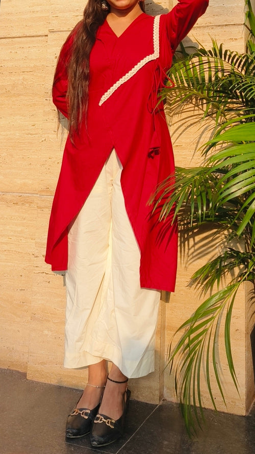 Aarohi Crimson Lace-Detail Kurti Set