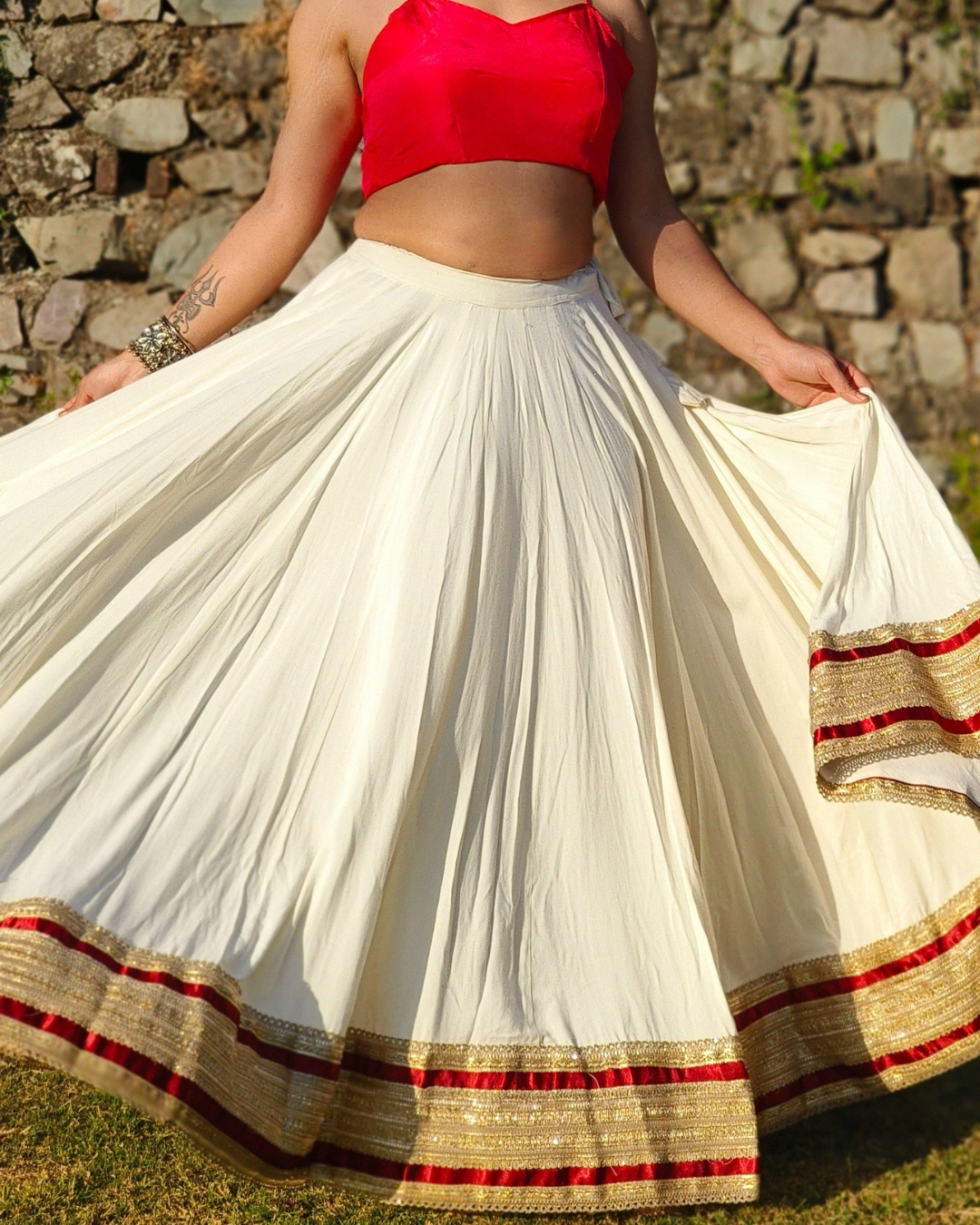 Ivory Gota Border Flared Lehenga Skirt